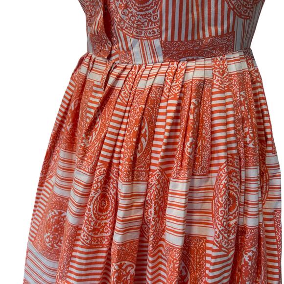 Vintage 1950s Sundress Sz Small Bernie Sobel Orange White Geometric Pleated - Picture 14 of 16